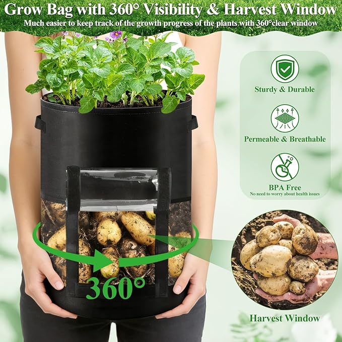 4 Pack 10 Gallon Potato Grow Bags with 360°Visible Window, Heavy Duty Thickened Nonwoven Fabric Plant Grow Bag with Sunshade Cloth, Reusable Garden Grow Bags for Potatoes, Vegetables, Flowers