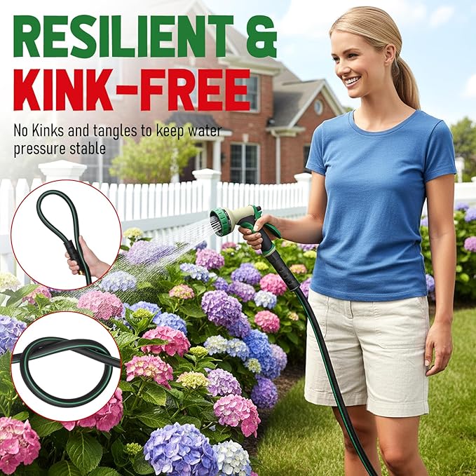 Heavy Duty Garden Hose 25 ft, NON-EXPANDABLE Water Hose with 10 Function Spray Nozzle, Lightweight Kink-less Hybrid Hose with Swivel Handle, Male to Female Fittings