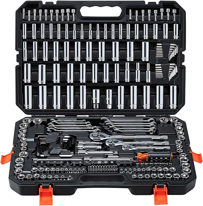 VEVOR Mechanics Tool Set, 253-Piece Mechanic Tool Kit, 1/4 in, 3/8 in, and 1/2 in Drive, SAE and Metric Socket Set, Wrenches, Screwdriver Bits, Accessories, and Storage Case, for Automotive Repair