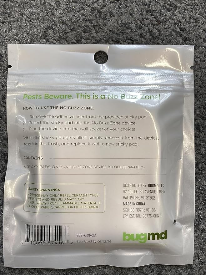 BugMD No Buzz Zone Refiller Pad (6 Refills) - Extra-Strong Adhesive Traps, Indoor Insect Trap Refill, No Harsh Chemicals, Household Friendly, Fly Trap Refill, Flea Trap Refills, Bug Trapper