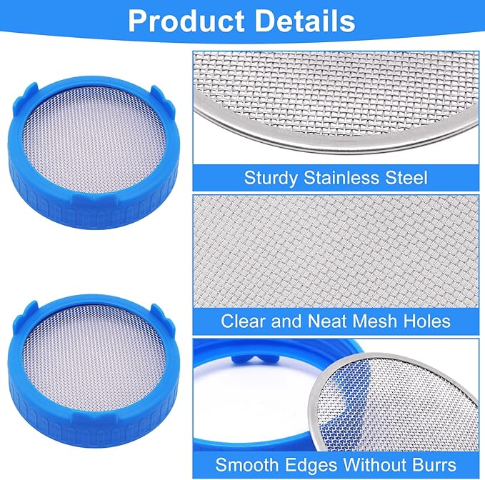 2Pcs Sprouting Lids Stainless Steel Mason Jar Sprouting Lids with Smooth Edge for Broccoli Seeds Sprouting, 90mm Blue Washable