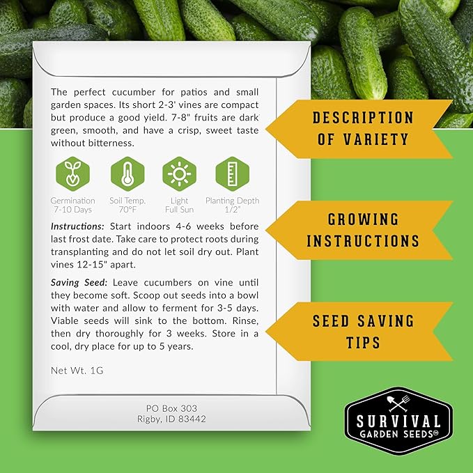 Spacemaster Cucumber Seeds for Planting | Compact Heirloom Non-GMO Variety for Small-Space Gardens – Survival Garden Seeds (2 Packs)