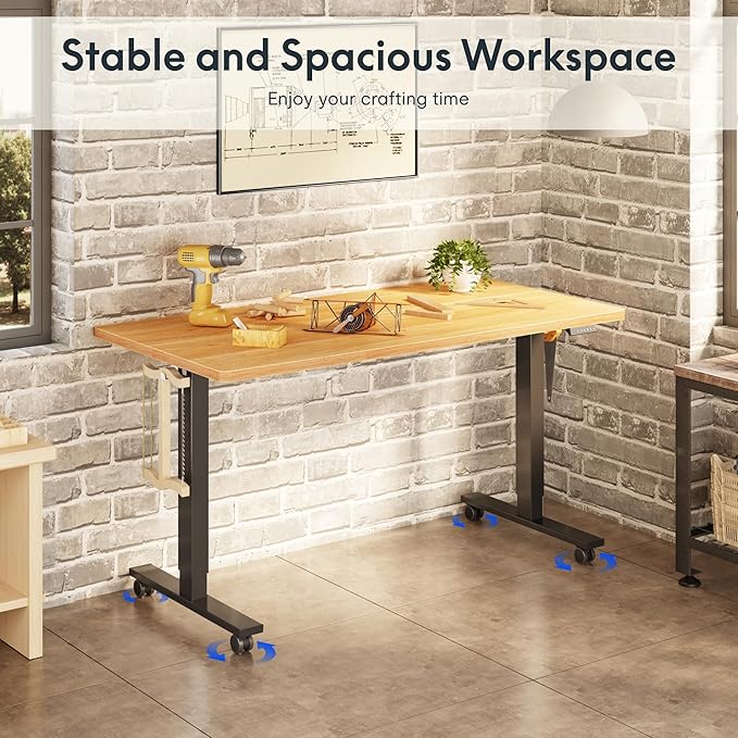 FLEXISPOT Electric Adjustable Workbench, 48x30 Inches Ergonomic Worktable with Wheels for Garage, Workshop, Office and Home, Spacious Desktop for Woodworking Sewing and Crafts, Maple, 3 Packages