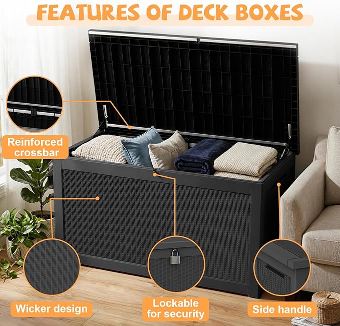 320 Gallon Outdoor Storage Deck Box Waterproof Resin Lockable Outside Bench Porch Patio Furniture Pool Float Garden Tool Cushion UV Resistant Bin Black