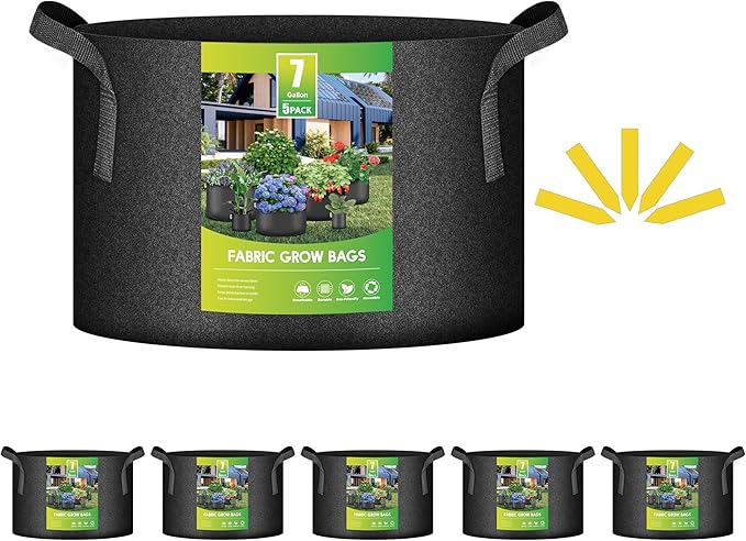 iPower 5-Pack 7 Gallon Plant Grow Bags Thickened Nonwoven Aeration Fabric Pots Heavy Duty Durable Container, Strap Handles for Garden, Black