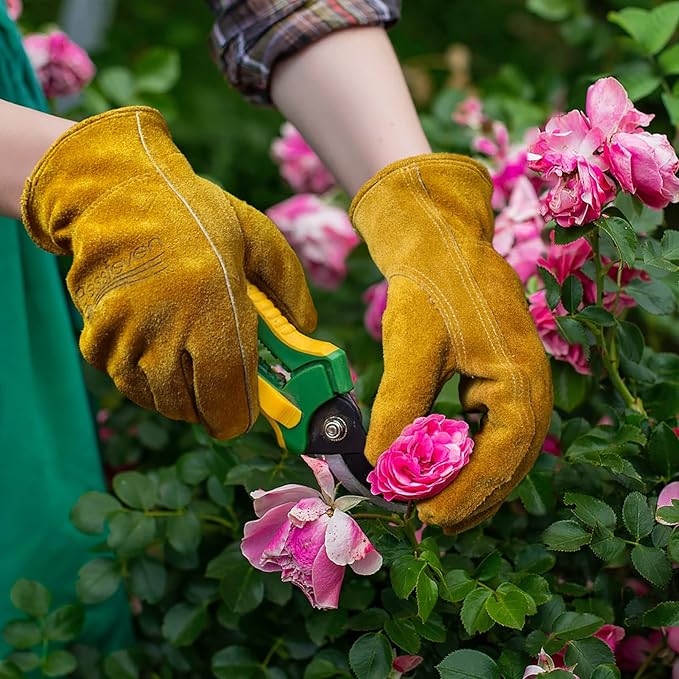Gardening Work Gloves Leather: Garden Men Women Thorn Proof Cowhide Gardening Gloves for Heavy Duty Yard Work