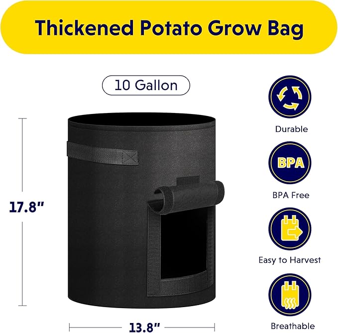 iPower Potato Grow Bags with Flap 6 Pack 10 Gallon, Garden Planting Pot with Durable Handle and Harvest Window, Thickened Nonwoven Fabric Container for Potato, Tomato, Vegetable, Carrot and Fruits