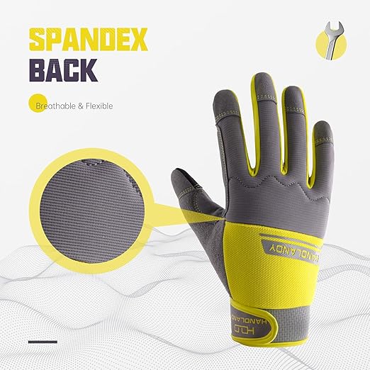 HANDLANDY Work Gloves Mens & Women, Utility Safety Mechanic Working Gloves Touch Screen, Flexible Breathable Yard Work Gloves (Large, Grey&Yellow)