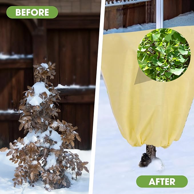 12 Pcs Plant Covers Freeze Protection, 2.82oz/yd² Heavy Duty Frost Cloths 19.6x39.3 Inch with Drawstring, Reusable Winter Shrub Cover for Outdoor Rose Bush, Potted Plants
