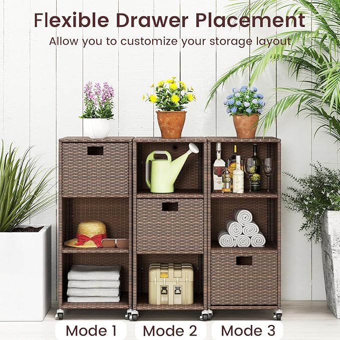 RELAX4LIFE Wicker Outdoor Storage Cabinet - Rattan Pool Towel Rack on Wheels w/Shelves and Drawer, Tall Patio Furniture Outside Caddy Organizer for Porch Deck, Garden Tool & Hot Tub Accessory Storage