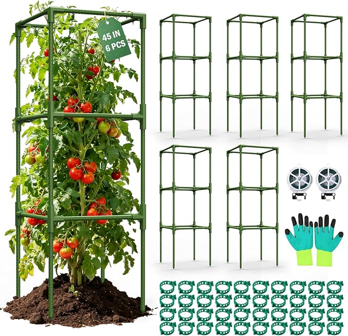 Uyittour 6 Pack Square Tomato Cages for Garden, 45" Heavy Duty Tomato Trellis Plant Support Cages for Raised Garden Bed Climbing Vegetables, Set with Garden Gloves, 40 Clips & 2 Rolls 65FT Tie Wire