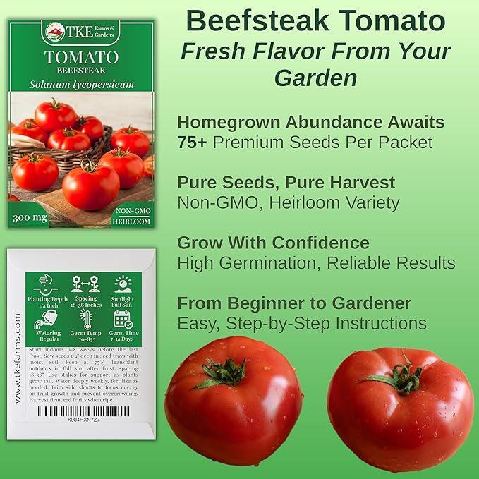 TKE Farms & Gardens - Beefsteak Tomato Seeds for Planting, 75+ Non-GMO Heirloom Seeds, Grow Juicy, Meaty Tomatoes Perfect for Slicing, Sandwiches & Sauces, Includes Easy Growing Instructions