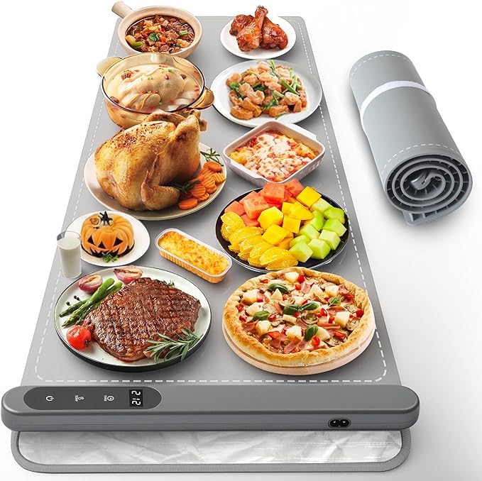 Silicone Food Warming Mat - 42 x 15 Inch Extra Large with Heat-Resistant Mat, 500W Graphene, 6 Temp & 6H Timer, Rollable Electric Heating Mat
