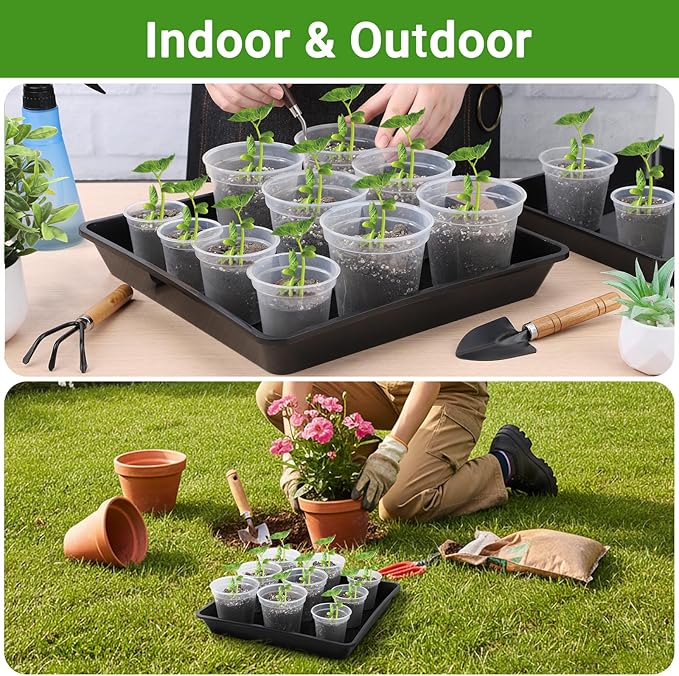 GREANER 10/12/14 Inches Square Plant Saucer, Black Plant Drainage Tray, Seed Starter Growing Trays for Indoors and Outdoors (6 PCS)