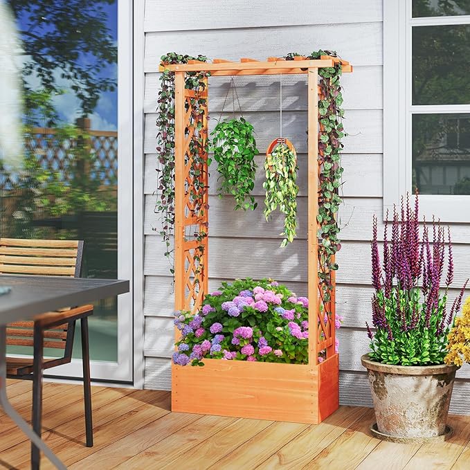 S AFSTAR Raised Garden Bed with Trellis, Wood Planter Box with Hanging Roof & Drainage Holes for Climbing Plants, Vines, Flowers & Vegetables, Indoor Outdoor Plant Container for Patio & Yard