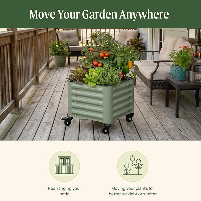 Vego garden Classic Rolling Garden Bed – 1.75' Mobile Metal Raised Garden Bed for Patio, Deck, Balcony – Deep Planting Space, Durable & Easy to Move (Olive Green, 1.75'X6')