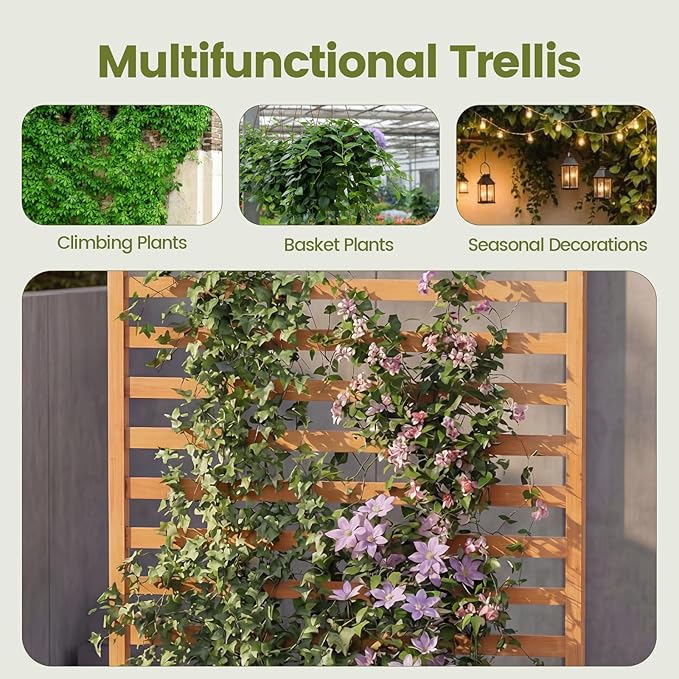 Giantex Set of 2 Raised Garden Bed with Trellis, 59” Tall Planter Box with Liner, Drainage Gaps for Climbing Vine Vegetable Flower, Indoor Outdoor Freestanding Privacy Screen for Porch Patio Yard