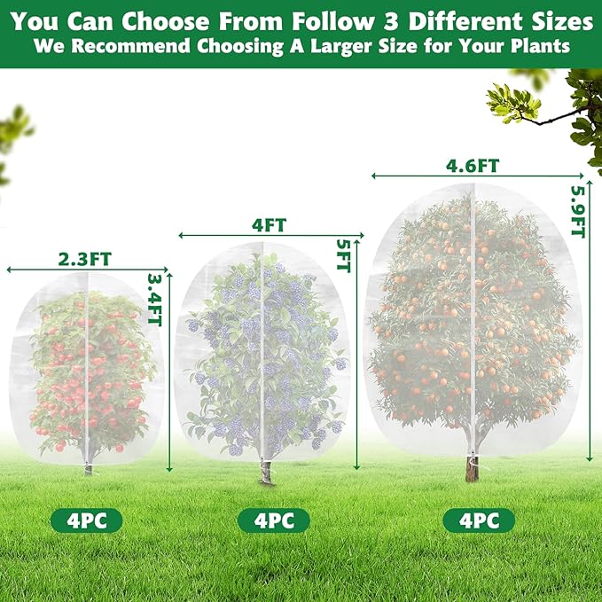 OZMI 4 Pack Fruit Tree Blueberry Bush Netting Cover, 2.3Ft x 3.4Ft Reusable Bird Netting for Garden Protection with Zipper & Drawstring, Shrubs Tomato Strawberry Plant Bushes Protector