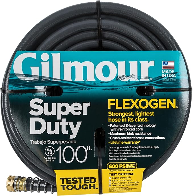Gilmour Flexogen Heavy Duty Garden Hose – 5/8 in x 100 ft, Leak-Proof Brass Couplings, Kink Resistant 8-Layer Design, 500 PSI, Made in USA