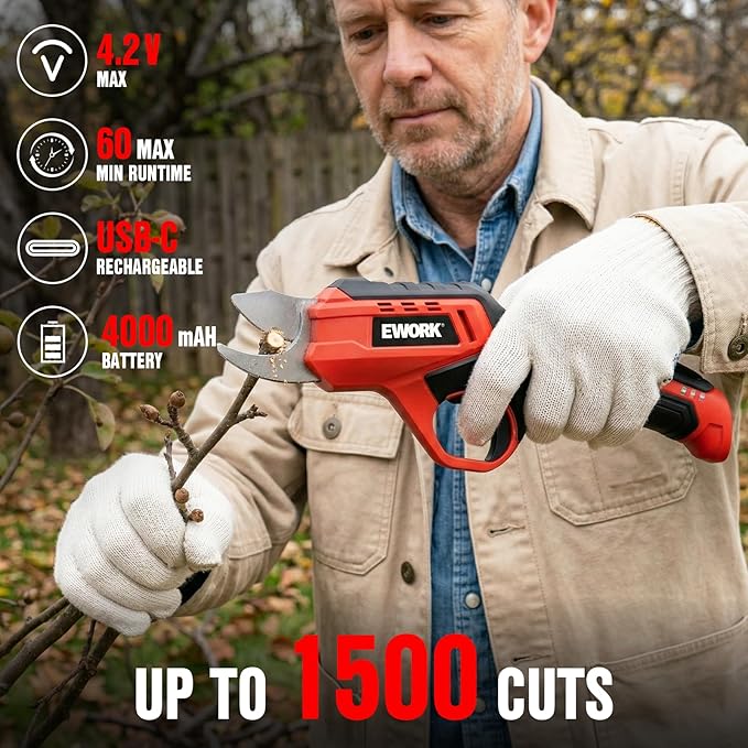 EWORK Cordless Electric Pruning Shears 4.2V Rechargeable 4000mAh Battery, 0.7 Inch Cutting Diameter, 2 SK5 Blades Tool Replacement, Handheld Pruner for Garden Tree Branch Trimming