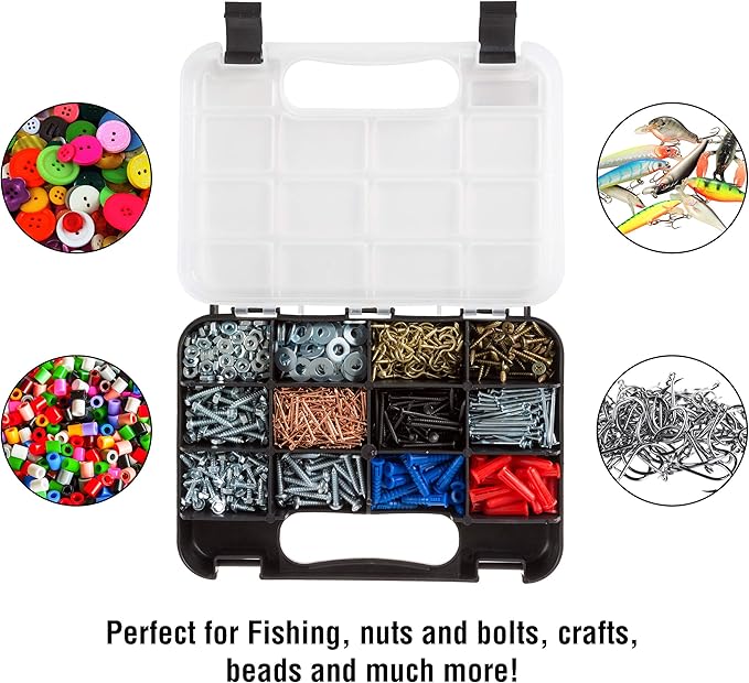 Hardware Organizer Box with Dividers - 14 Compartment Small Parts Organizer Portable Tool Box Organizer with Secure Latches - Plastic Screw Organizer Box for Nuts, Beads, Jewelry or Tackle by Stalwart