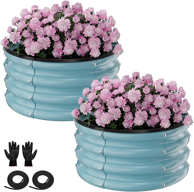 Round Galvanized Raised Garden Bed Kit, 2 Pcs 2 x 2 x 1ft Teal Blue Galvanized Garden Boxes, Outdoor for Vegetables