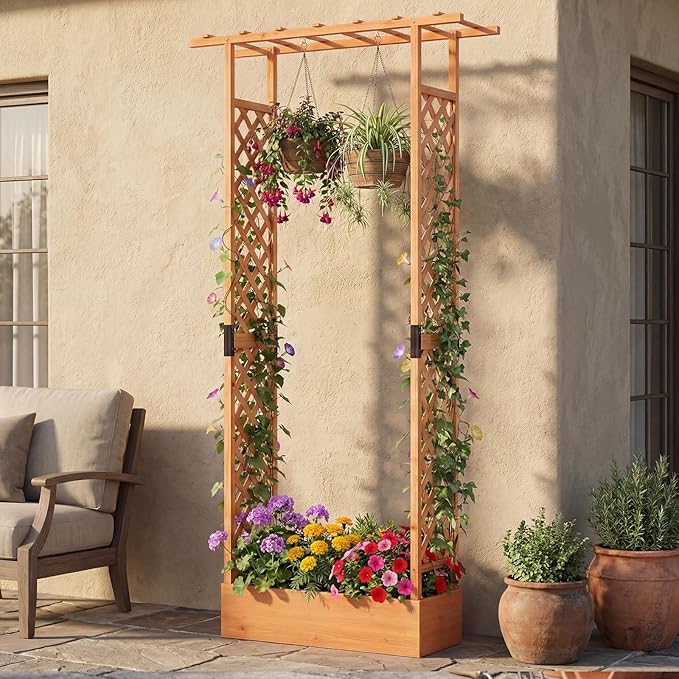 S AFSTAR Raised Garden Bed with Trellis, 2 Pieces Fir Wood Planter Box with Flat Roof & Drainage Holes, Vertical Planter Raised Bed for Climbing Plants, Flowers & Vegetables, 43" x 14" x 89" (Orange)
