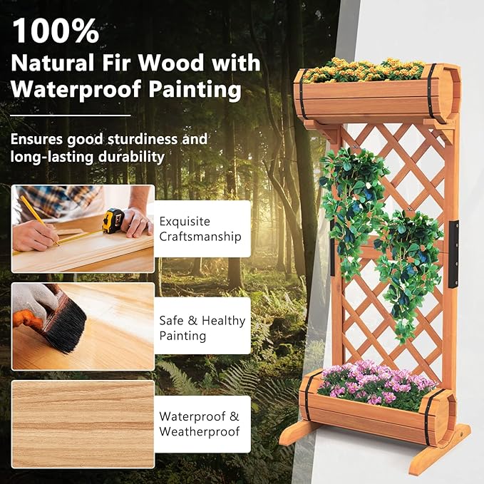 Giantex Raised Garden Bed with 2 Barrel Planters & Trellis, 2-Tier Freestanding Wooden Raised Bed for Vine Vegetable Flower Fruit, Indoor Outdoor Plant Box for Garden Yard Balcony 18" Lx14 Wx44.5 H