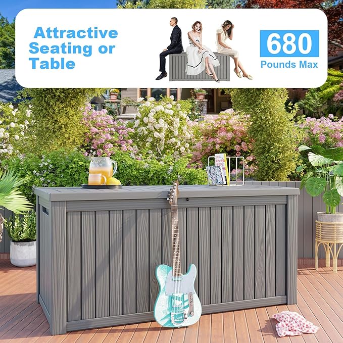 Vixzen 200 Gallon Resin Deck Box, Lockable Outdoor Storage Box for Patio Cushions Storage Furniture,Garden Tools, Pool Supplies, Weatherproof and UV Resistant（Grey，200 Gallon）