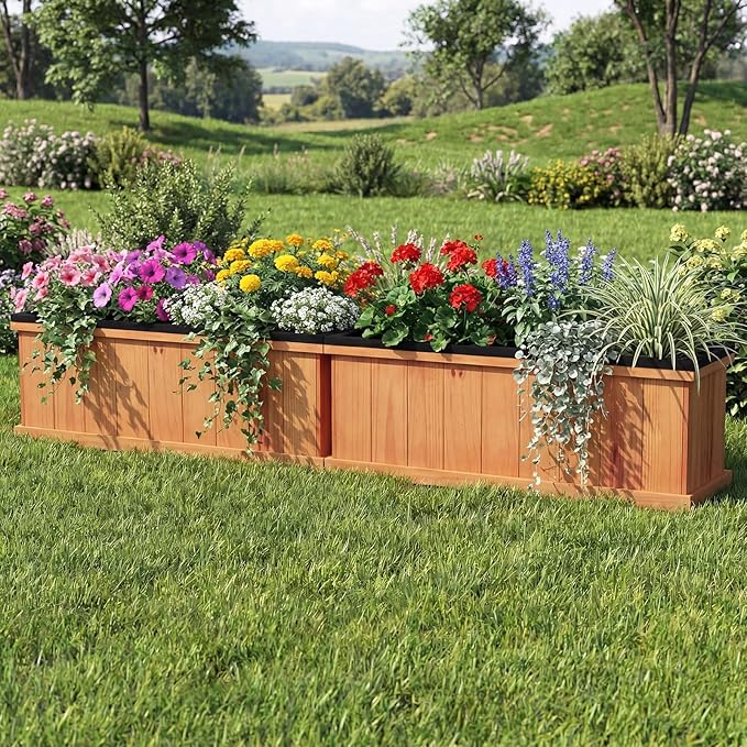 Giantex Outdoor Raised Garden Bed Set of 2, 28” x 10” x 10” Pine Wood Planter Box w/ 3 Drainage Holes, Removable Bottom & Bed Liner, Rectangular Flower Container for Vegetables Herbs, Indoor & Outdoor