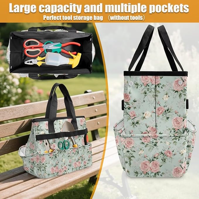 Rose Print Garden Tool Bag Portable Gardening Tool Organizer Bag with 10 Pockets and Handle Tool Carrier and Storage for Garden Lawn Yard Casual Camp