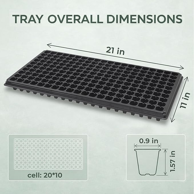 Gardzen 10 Pack 200 Cell Seed Starter Trays, 1.5" Deep Plug Tray for Seedlings, Durable Seedling Trays with Drainage Holes, Fit Standard 1020 Drip Tray