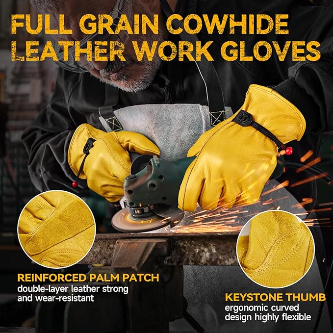 OZERO Leather Work Gloves for Men: X-Large 3 Pairs Cowhide Working Gloves for Driving Heavy Duty Mechanic Ranch - Women Gardening Glove