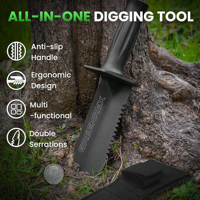 GreenRex Metal Detector Shovel, Heavy Duty Double Serrated Digging Tool and Metal Detector Accessories with Sheath, Gardening Tools for Weeding, Planting, Camping, Treasure Hunting
