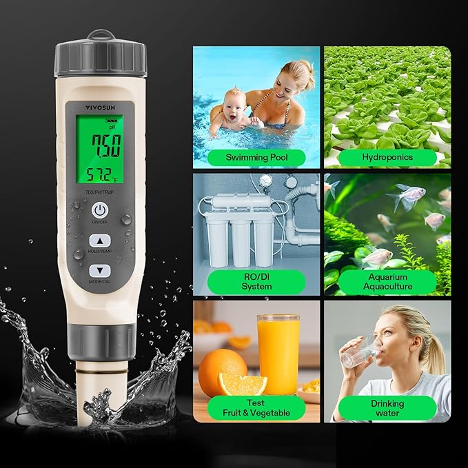 VIVOSUN 3-in-1 Digital pH Meter with ATC, ±0.1 pH Accuracy Water Quality Tester, 0-14.0 pH Measurement Range for Hydroponics, Household Drinking, Pool and Aquarium