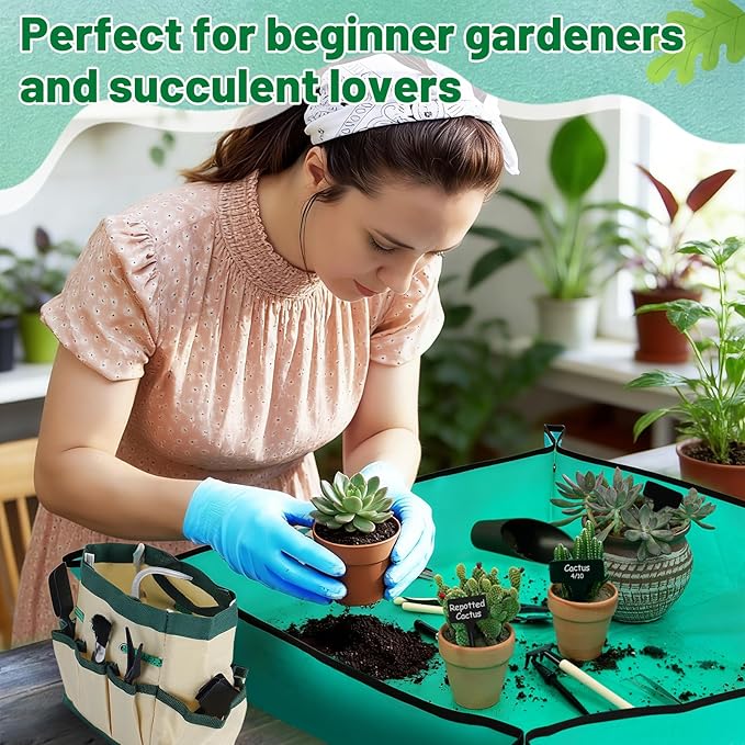 44pcs Small Gardening Tools Gifts for Women Beginners - Garden Hand Tools Set for Indoor Succulent Bonsai Plants Transplanting, Included Bag/Repotting Mat/Shovel/Labels, Green