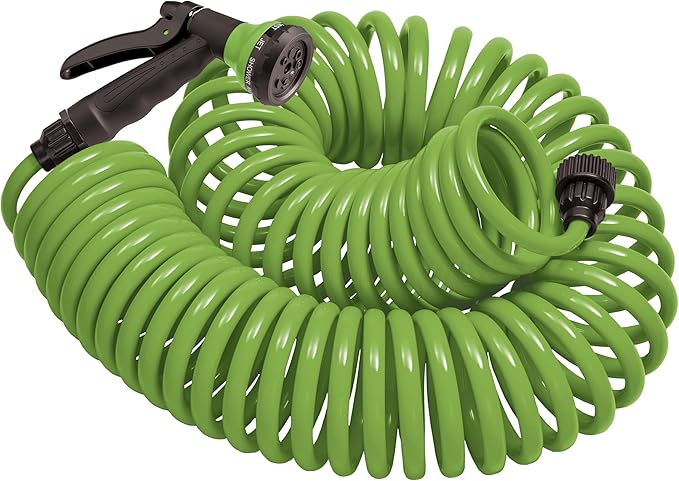 Orbit 26380 Coil Garden Hose, 25 Feet, with 8-Pattern Hose Nozzle (Green)