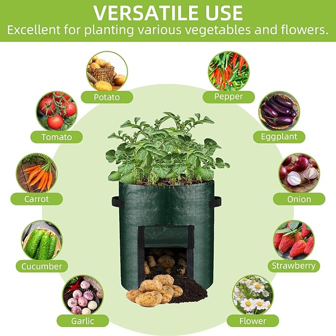 LITLANDSTAR 6 Pack Potato Grow Bags, 5 Gallon Grow Bags Garden Planting Bags with Flap Windows and Handles, Vegetable Grow Bags for Potato, Onion, Tomato, Carrot (Dark Green)