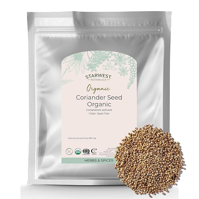 Starwest Botanicals Organic Coriander Seeds Whole - Seasoning Spice for Cooking, Pickling, Curry, & More, Dried Whole Seeds from the Cilantro Plant, Certified Kosher, Non-GMO - Bulk 1 lb Bag