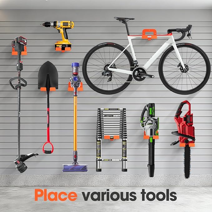 Weedeater Rack, Garage Organization Wall Hangers, Garden Tool Organizer Metal Trimmer Rack, Heavy Duty Hooks for Grass Trimmer, Hedge Trimmer, Garage Tools Storage, Orange 2-Pack