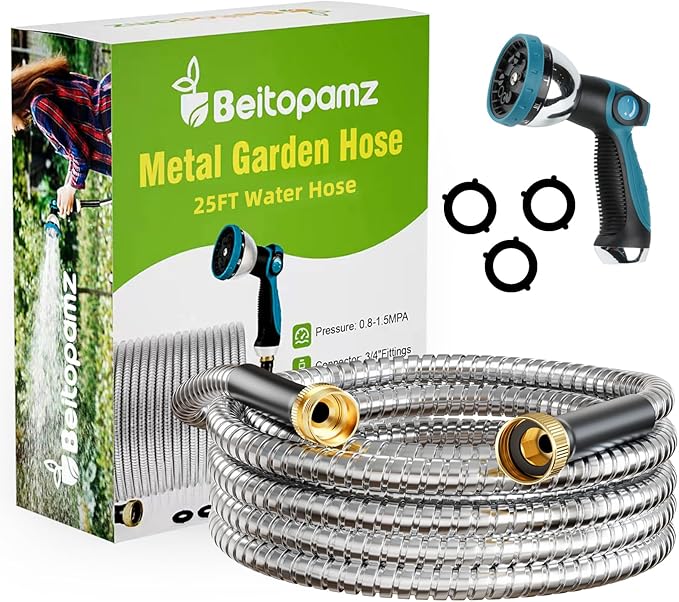 Garden Hose 25 ft, Stainless Steel Metal Water Hose with Nozzle, Flexible and Durable, Rust Proof, No-Kink, Heavy Duty, Leakproof 3/4'' Brass Fittings, Lightweight Hose for Patio, Lawn