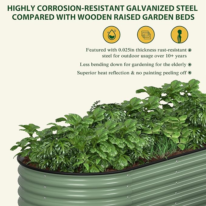BlueWish 8x2x1.4FT Galvanized Raised Garden Bed, 17" H Raised Bed Outdoor for Plants, 9 in 1 Raised Garden Bed Kit, Metal Planter Box for Vegetables Flowers, Olive Green