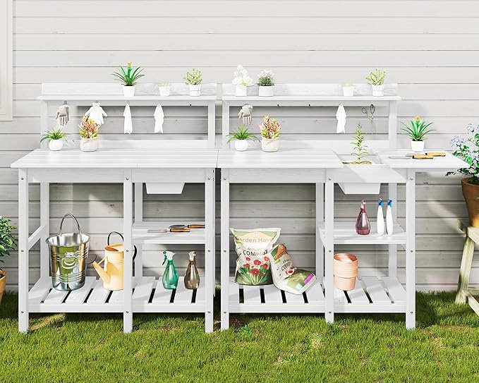 SERWALL Outdoor Potting Bench with Removeable Sink,Rot-Resistant HDPE Potting Table for Outside Gardening, All Weather Use - White