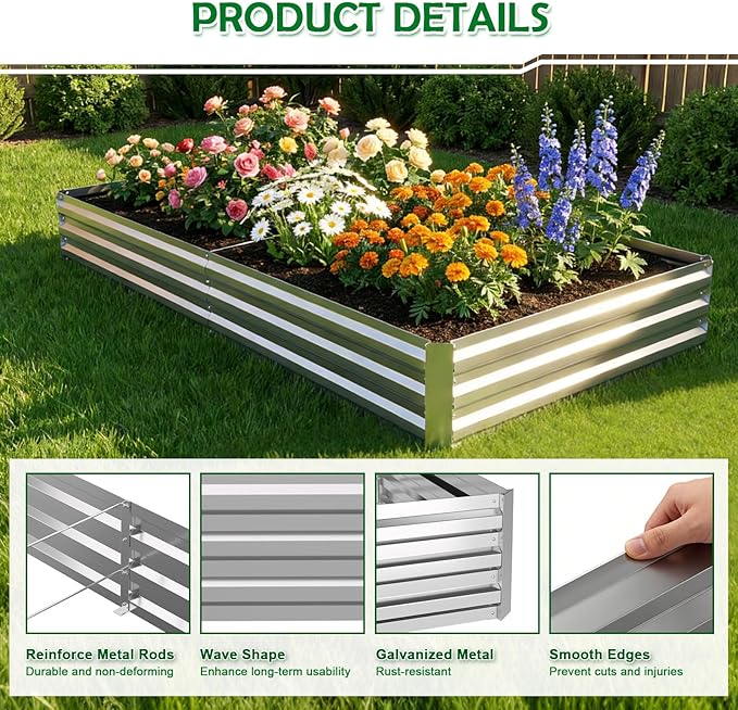10x2x1FT Galvanized Raised Garden Bed Outdoor Patio, Large Rectangular Metal Planter Boxes,Plant Container Kit for Gardening, Vegetables, Flowers, Herbs,Silver,1 Pack