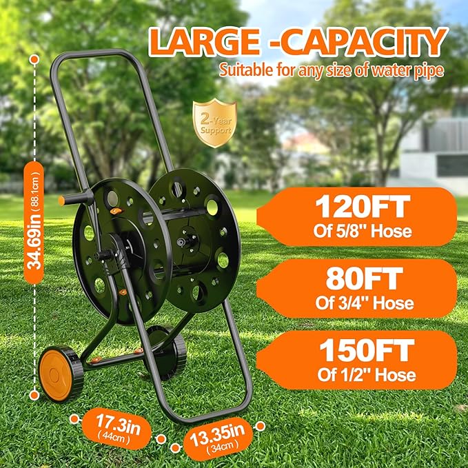 SPECILITE Garden Hose Reel Cart, Holds 75-150 Ft of Hose Storage Holder, Portable Metal Hose Caddy with Wheels, Outdoor Water Hose Reels for Car Washing and Garden Watering
