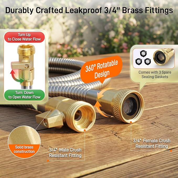 Garden Hose, 100ft 5/8" Stainless Steel Water Hose w/ 10-Mode Spray Nozzle, On/Off Valve, 523 PSI Burst, Anti-Kink, Lightweight All-Weather Flexible, Leakproof 3/4" Brass Male to Female Fittings