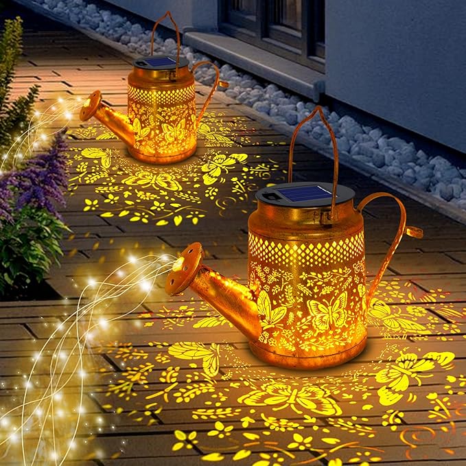2 Pack Big Solar Butterfly Watering Can Lights, Gift For Mom Grandma Women Wife Daughter Mother's Day, Waterproof Outdoor Decor Light With Shepherd Hook, Hanging lantern Light For Yard Garden Backyard