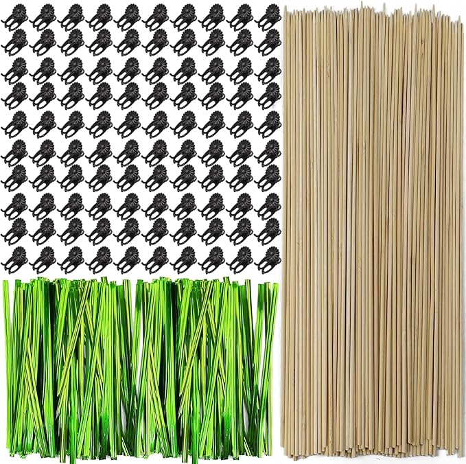 TIHOOD 200PCS/Set Bamboo Plant Stakes Kit, 50PCS Orchid Clips with 50PCS 18” Green Bamboo Plant Stakes, 100PCS Metallic Twist Ties for Supporting Stems Vines Stalks Grow Upright (Yellow)