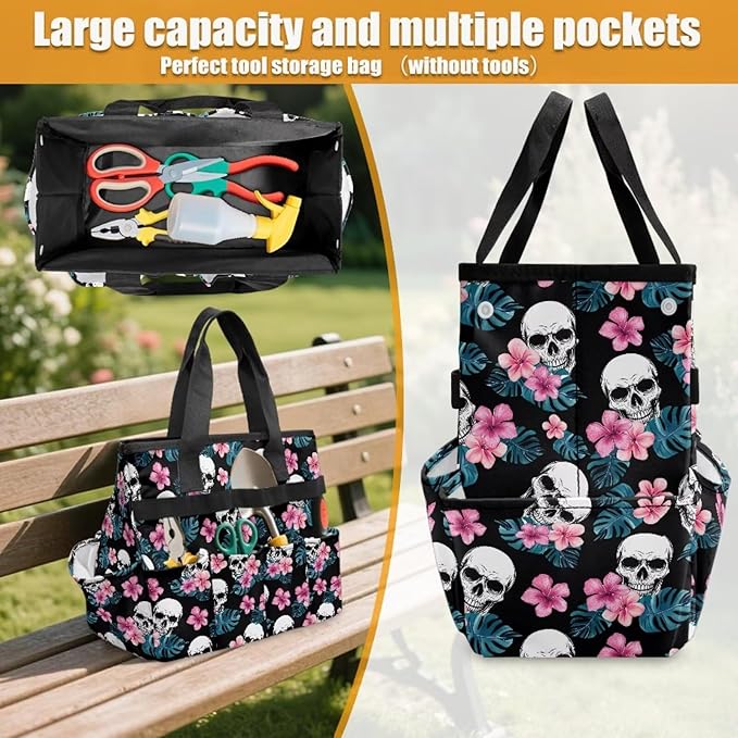 Skull Tropical Floral Garden Tool Bag Portable Gardening Tool Organizer Bag with 10 Pockets and Handle Tool Carrier and Storage for Garden Lawn Yard Casual Camp
