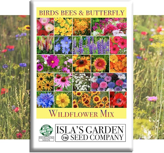 Birds, Bees & Butterflies Wildflower Mix Seeds – 500+ Non GMO Heirloom Seeds by Isla’s Garden Seeds, Colorful Pollinator Blooms for Garden Beds, Borders & Meadows, Perfect Home Gardening Gift Idea